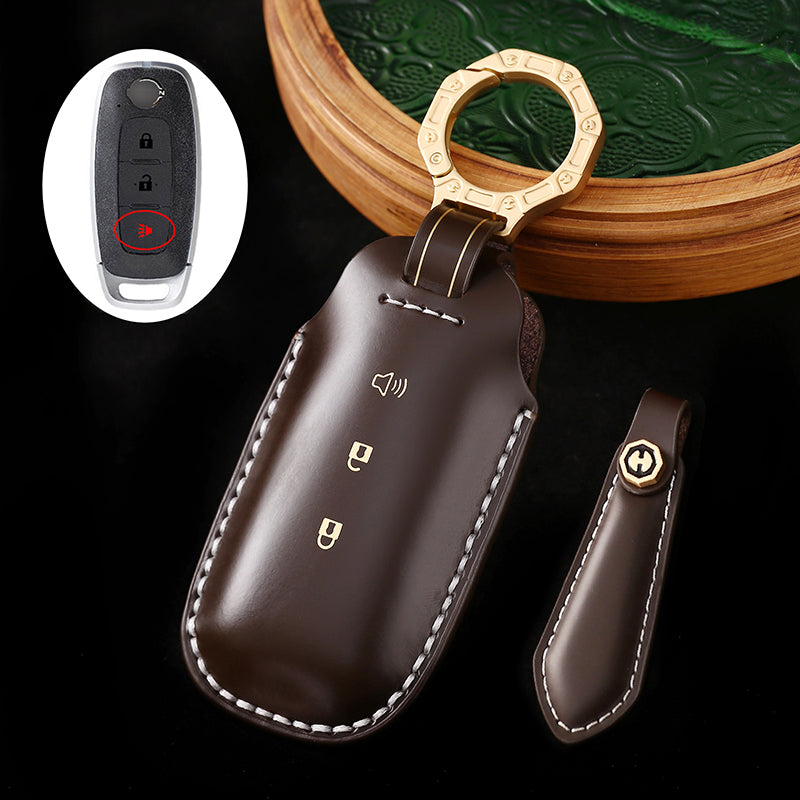 Genuine Cowhide Leather Key Fob Cover with Keychain, Compatible with Nissan Models: Sylphy, Rogue, Pathfinder, X-Trail, Versa, Kicks, Ariya, Qashqai, and Teana