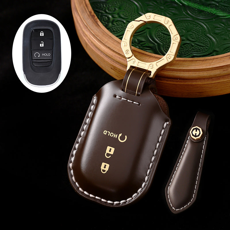 High-End Leather Car Key Cover Compatible with Honda Accord, Civic, CR-V, HR-V, Odyssey, etc. (2, 3, 4, 5, or 6-Button Smart Key Cover)