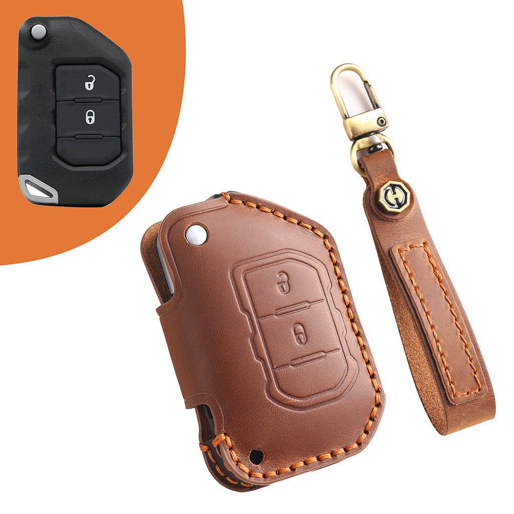 Leather Smart Car Key Cover Case for Jeep Wrangler JK and JL