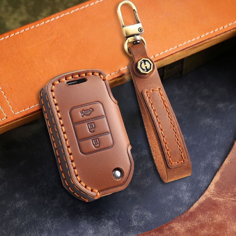 Genuine Leather Key Fob Cover for Honda Accord, Civic, CR-V, HR-V, and Pilot Models