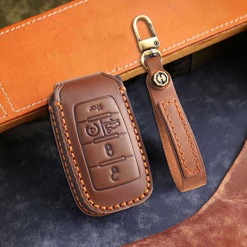 Genuine Leather Key Fob Cover for Dodge Ram 2500, 3500, 4500, 5500, Compatible with RAM Pickup Models (4-6 Button)