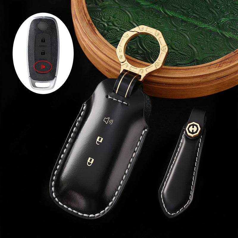 Genuine Cowhide Leather Key Fob Cover with Keychain, Compatible with Nissan Models: Sylphy, Rogue, Pathfinder, X-Trail, Versa, Kicks, Ariya, Qashqai, and Teana