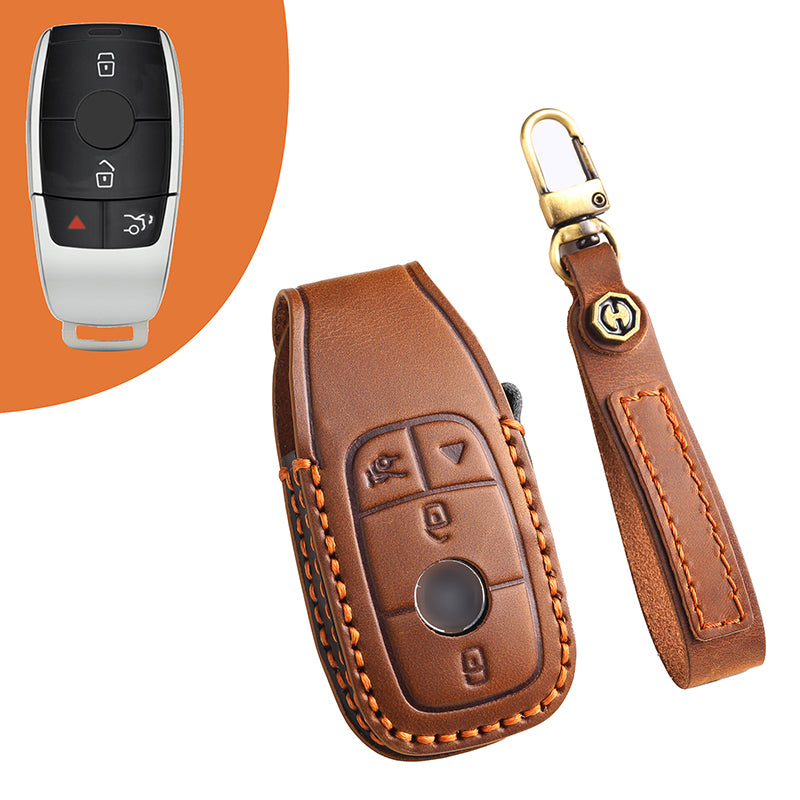 Genuine Leather Key Fob Cover for Mercedes-Benz C-Class, G-Class, E-Class, GLK, R350, GL, and GLC Models