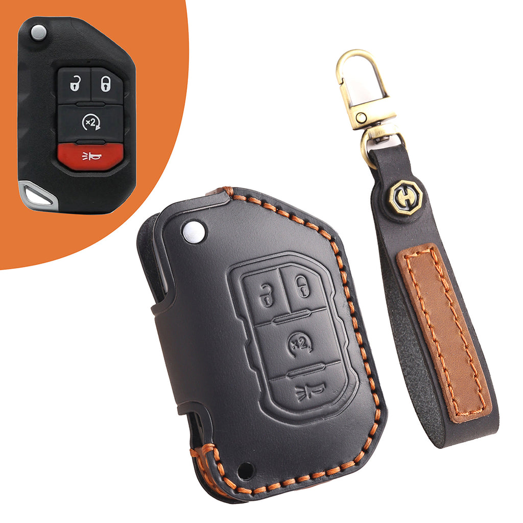 Leather Smart Car Key Cover Case for Jeep Wrangler JK and JL