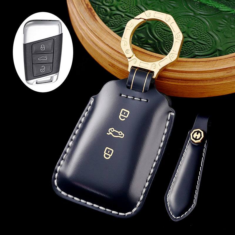 Amancarport Leather Car Key Case with Gift Box, Compatible with VW Tiguan, Touareg, Atlas, Jetta, Passat, Golf Alltrack, Arteon, and Routan