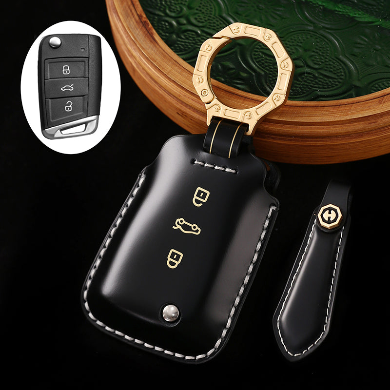 Amancarport Leather Car Key Case with Gift Box, Compatible with VW Tiguan, Touareg, Atlas, Jetta, Passat, Golf Alltrack, Arteon, and Routan