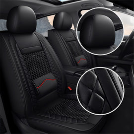 AmanCarport Universal Car Seat Covers 5-Piece Full Set – Premium Faux Leather & Ice Silk, Waterproof & Airbag Compatible