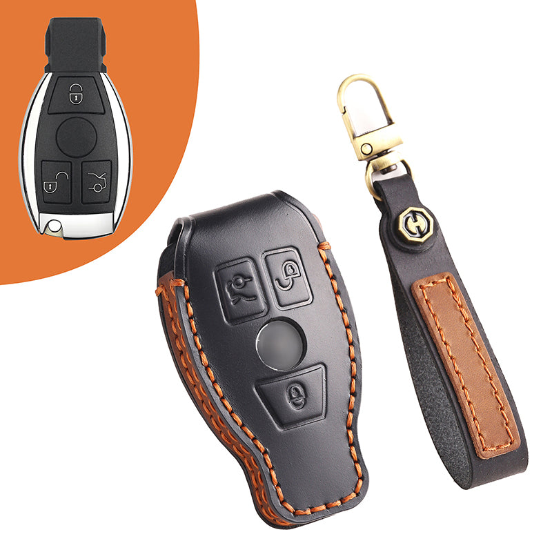 Genuine Leather Key Fob Cover for Mercedes-Benz C-Class, G-Class, E-Class, GLK, R350, GL, and GLC Models