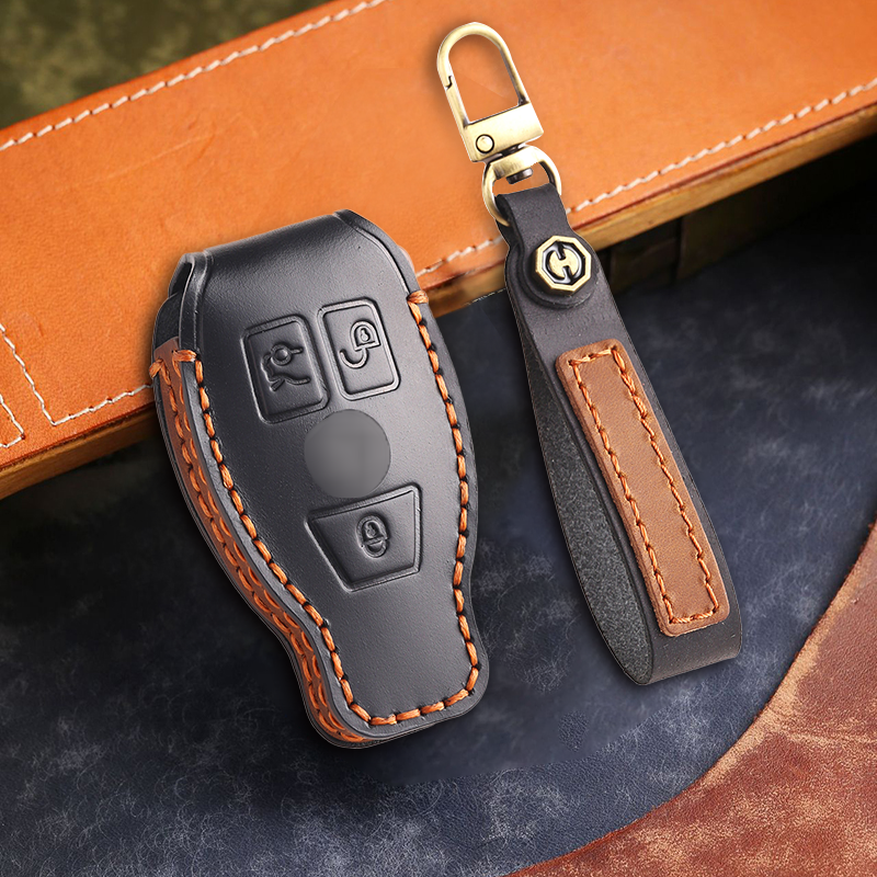 Genuine Leather Key Fob Cover for Mercedes-Benz C-Class, G-Class, E-Class, GLK, R350, GL, and GLC Models