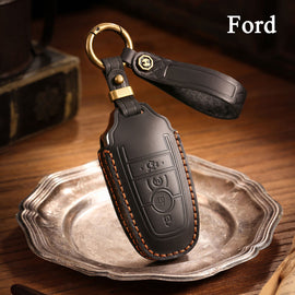 Genuine Leather Key Fob Case Compatible with Ford Focus, Fusion, Explorer, Escape, Edge, Mustang, F-150 to F-550