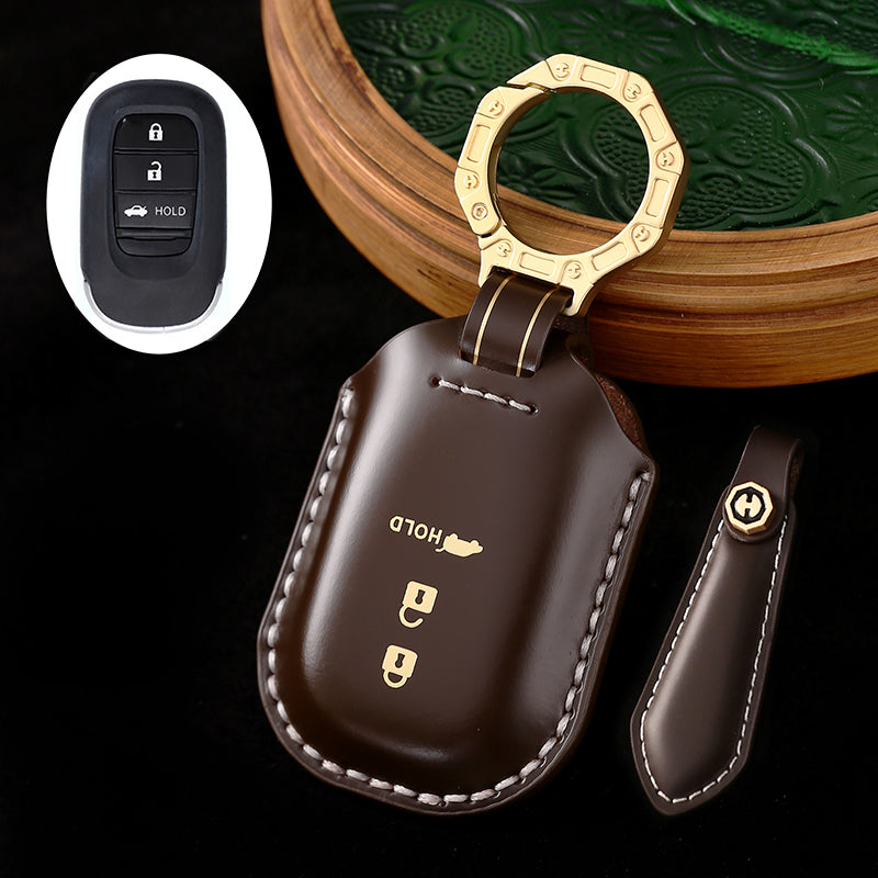 High-End Leather Car Key Cover Compatible with Honda Accord, Civic, CR-V, HR-V, Odyssey, etc. (2, 3, 4, 5, or 6-Button Smart Key Cover)