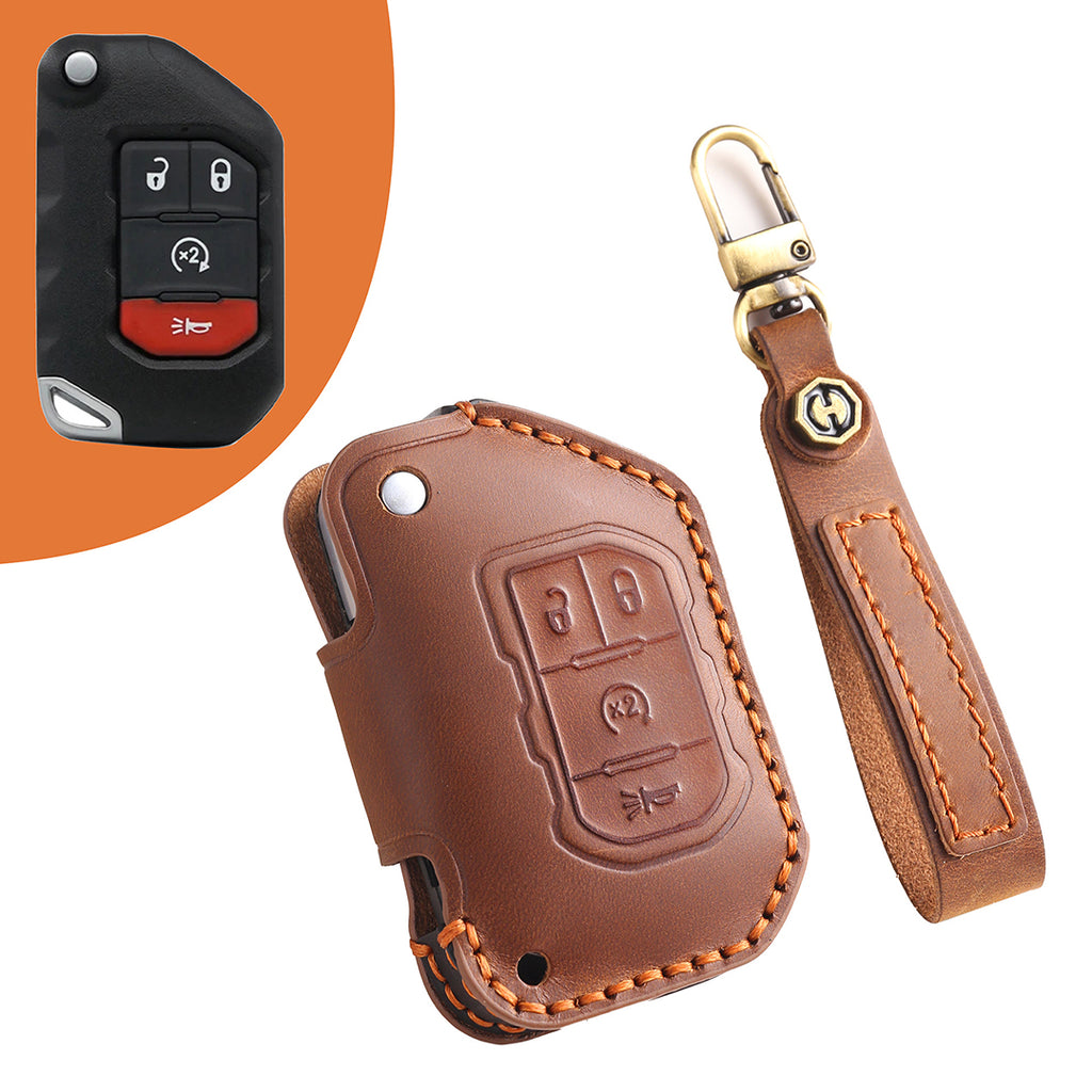 Leather Smart Car Key Cover Case for Jeep Wrangler JK and JL