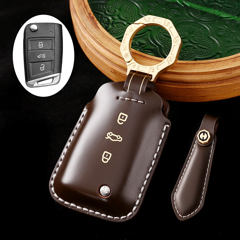 Amancarport Leather Car Key Case with Gift Box, Compatible with VW Tiguan, Touareg, Atlas, Jetta, Passat, Golf Alltrack, Arteon, and Routan