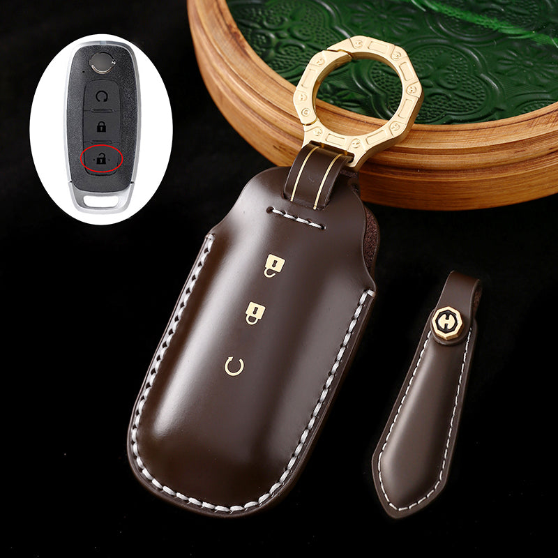 Genuine Cowhide Leather Key Fob Cover with Keychain, Compatible with Nissan Models: Sylphy, Rogue, Pathfinder, X-Trail, Versa, Kicks, Ariya, Qashqai, and Teana