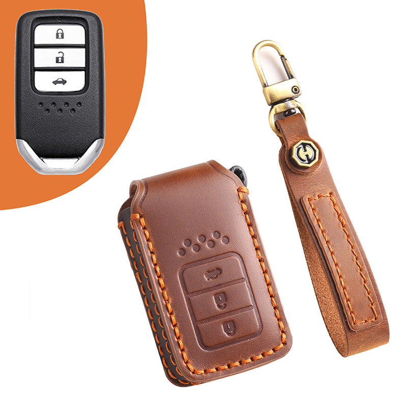 Genuine Leather Key Fob Cover for Honda Accord, Civic, CR-V, HR-V, and Pilot Models