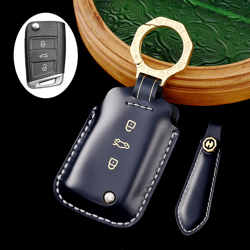 Amancarport Leather Car Key Case with Gift Box, Compatible with VW Tiguan, Touareg, Atlas, Jetta, Passat, Golf Alltrack, Arteon, and Routan