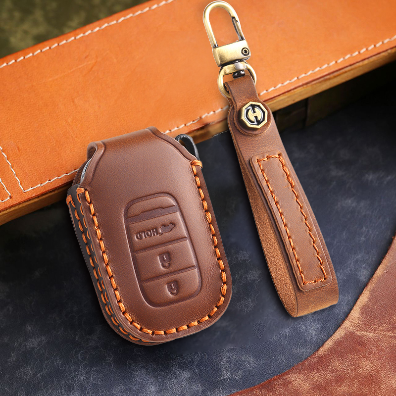 Genuine Leather Key Fob Cover for Honda Accord, Civic, CR-V, HR-V, and Pilot Models