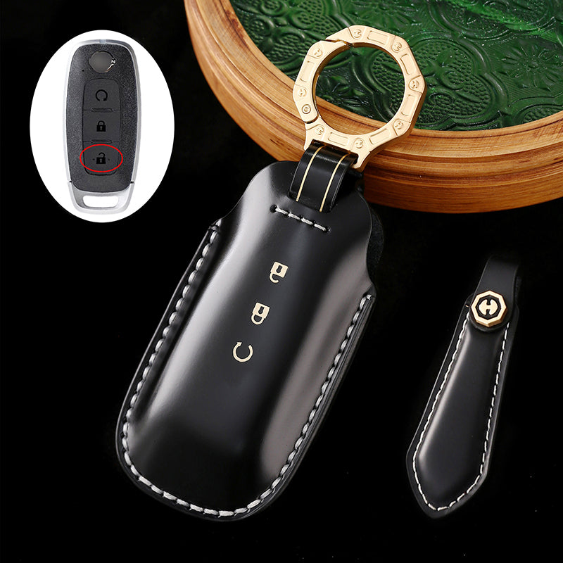 Genuine Cowhide Leather Key Fob Cover with Keychain, Compatible with Nissan Models: Sylphy, Rogue, Pathfinder, X-Trail, Versa, Kicks, Ariya, Qashqai, and Teana