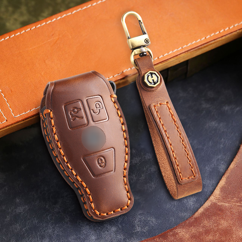 Genuine Leather Key Fob Cover for Mercedes-Benz C-Class, G-Class, E-Class, GLK, R350, GL, and GLC Models