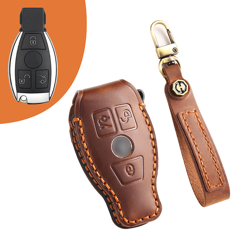 Genuine Leather Key Fob Cover for Mercedes-Benz C-Class, G-Class, E-Class, GLK, R350, GL, and GLC Models