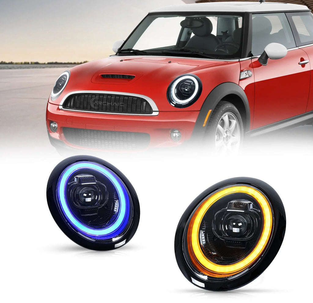 Compatible LED Projector Headlights for Mini Cooper R50 R52 R53 2001–2007 with Sequential Turn Signals and Dynamic DRL