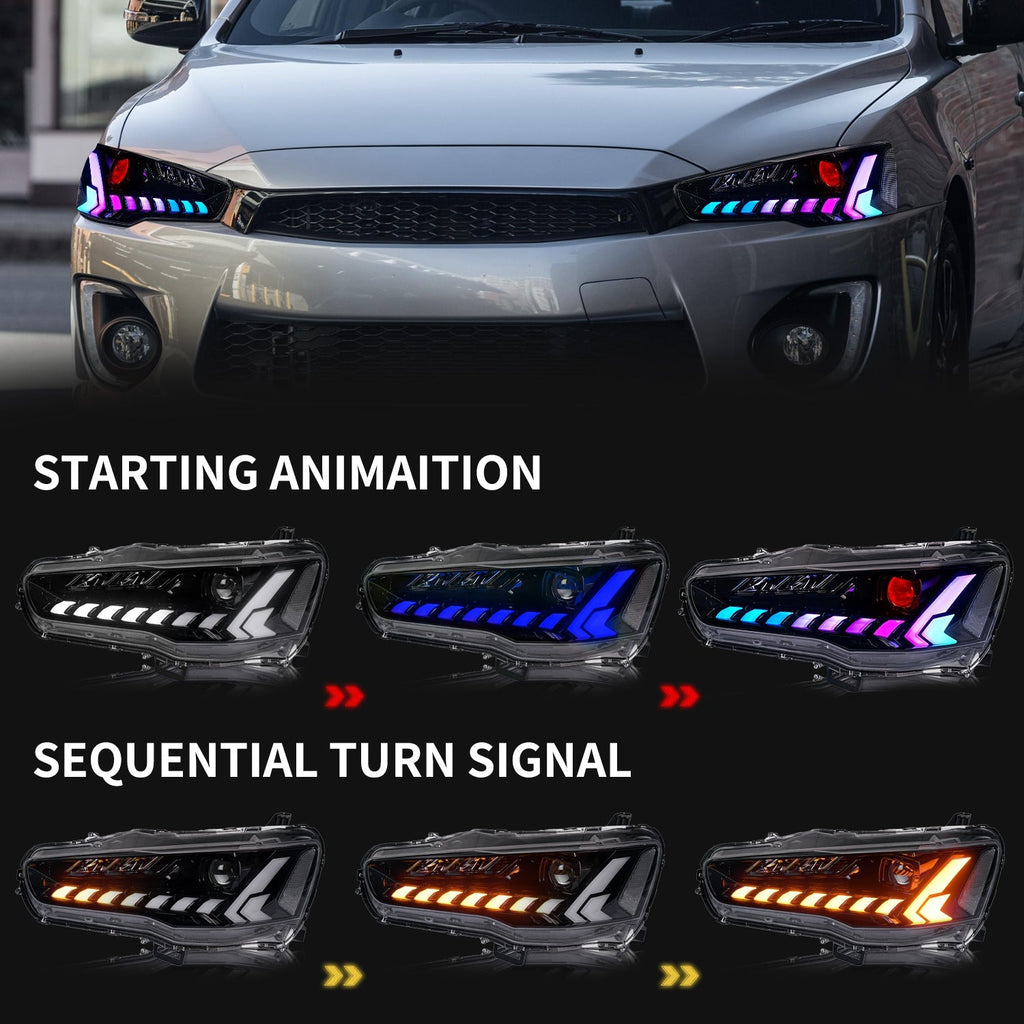 Mitsubishi Lancer EVO X 2008–2024 LED Headlights Assembly, RGB DRL, Sequential Turn Signals, Plug & Play