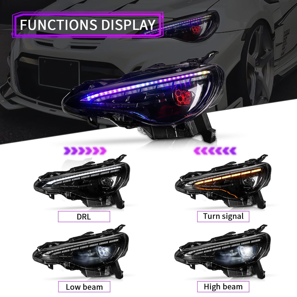 LED Headlights for 2012–2021 Toyota 86, Subaru BRZ, Scion FR-S – RGB DRL, Sequential Turn Signals, Plug & Play Pair