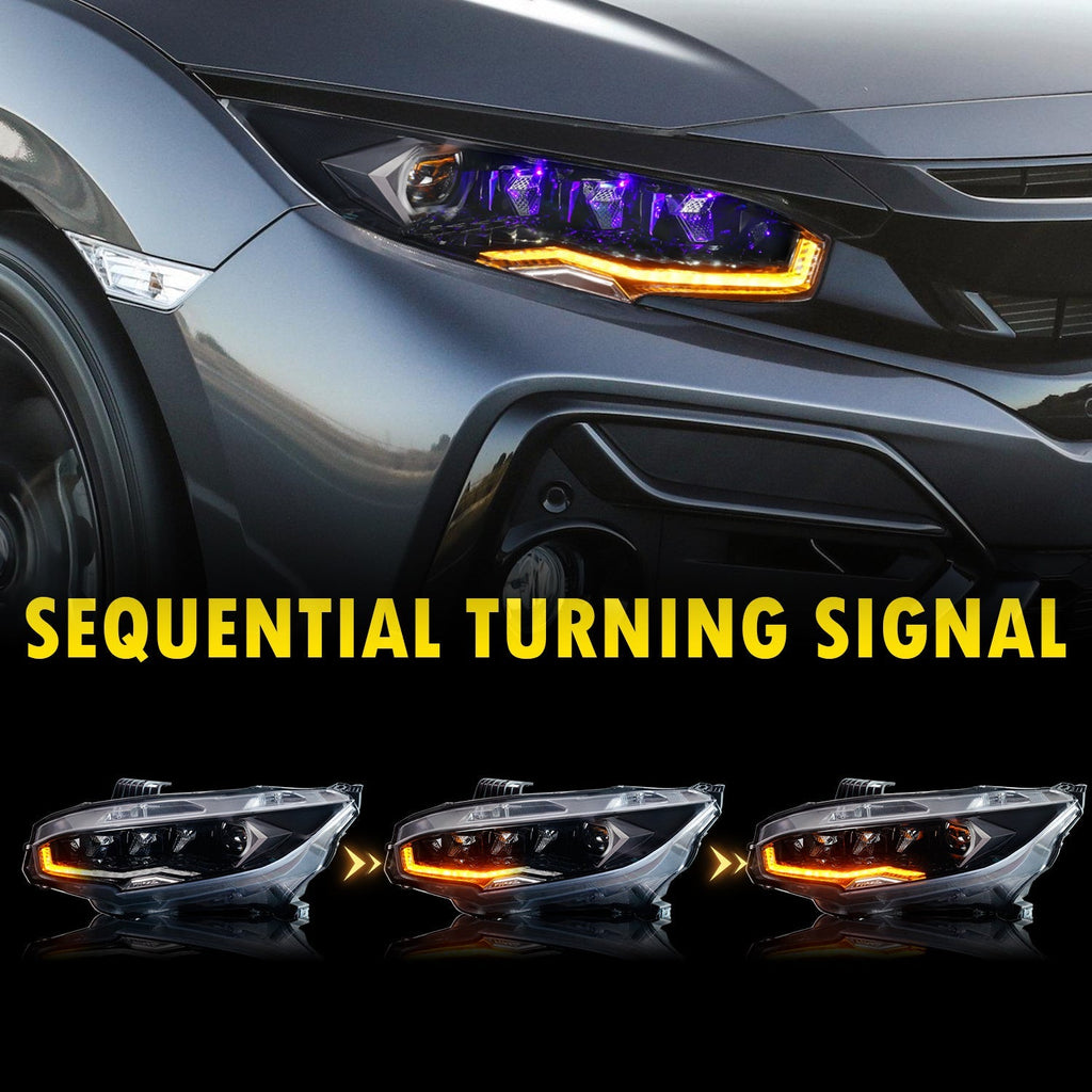 Diamond Lens Rotating LED headlights for Honda Civic 2016-2021 10th Gen Projector Front Lamp Assembly (Pair)
