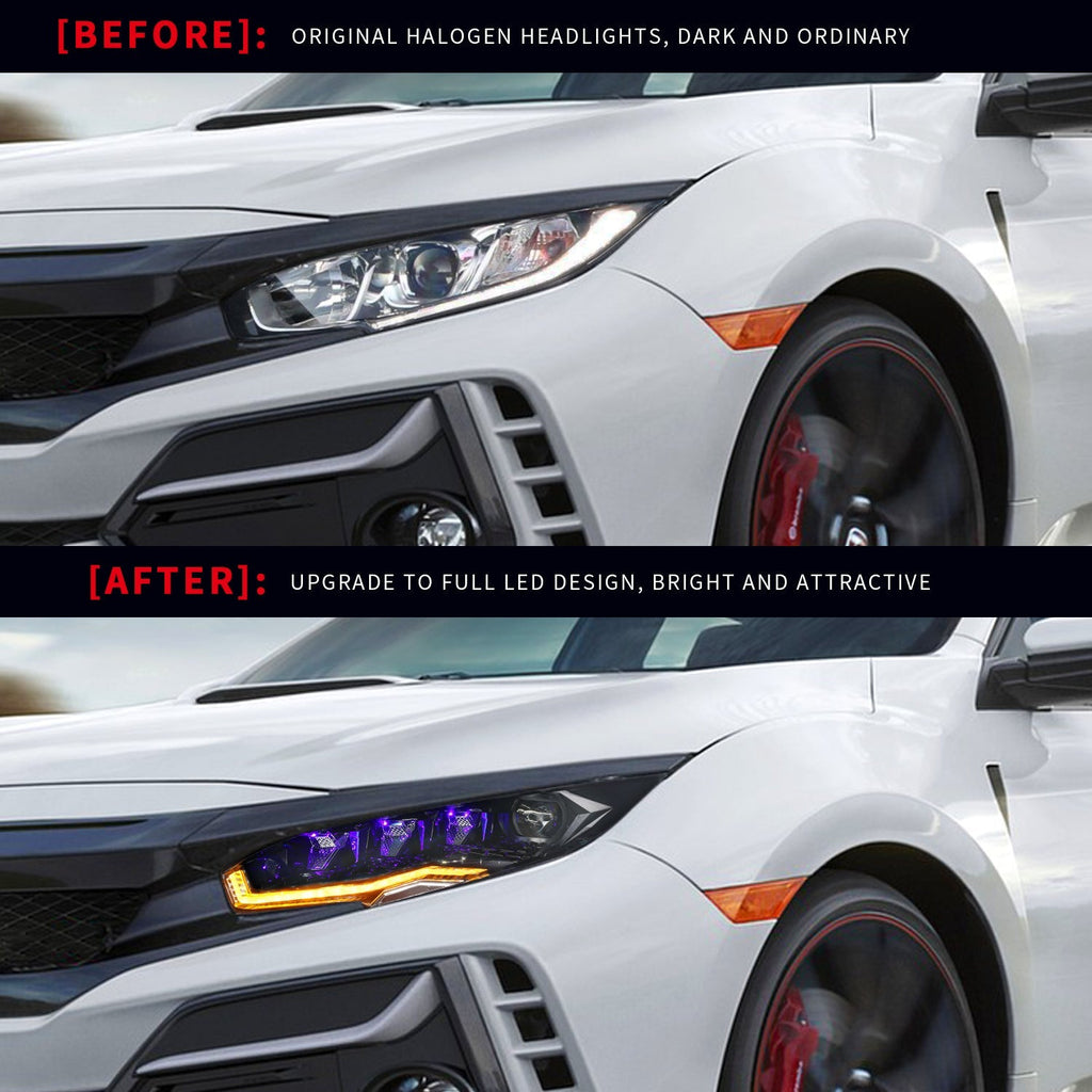 Diamond Lens Rotating LED headlights for Honda Civic 2016-2021 10th Gen Projector Front Lamp Assembly (Pair)