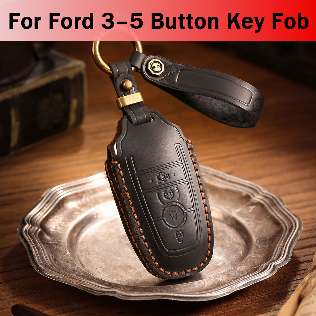 Genuine Leather Key Fob Case Compatible with Ford Focus, Fusion, Explorer, Escape, Edge, Mustang, F-150 to F-550