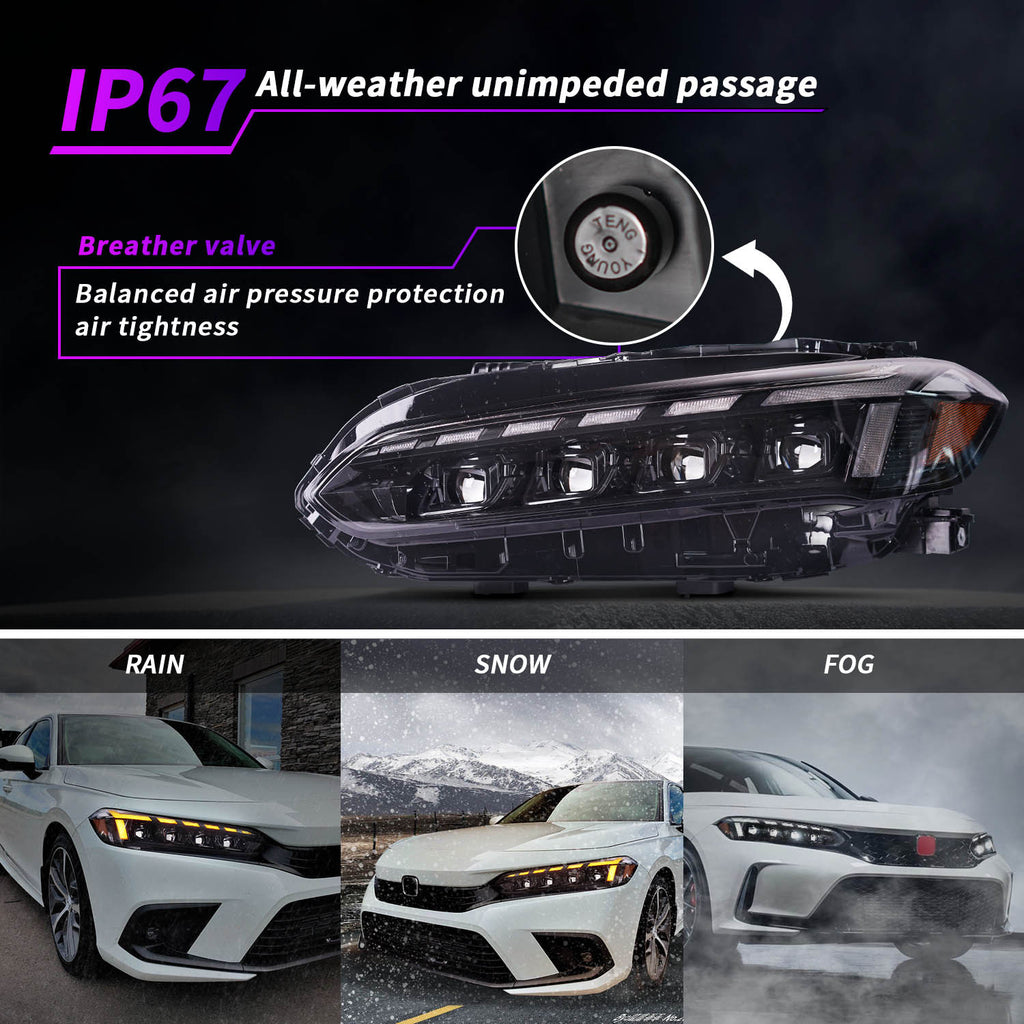 For 2022–2025 Honda Civic LED Headlights – 11th Gen Projector Front Lamp Assembly (Pair)