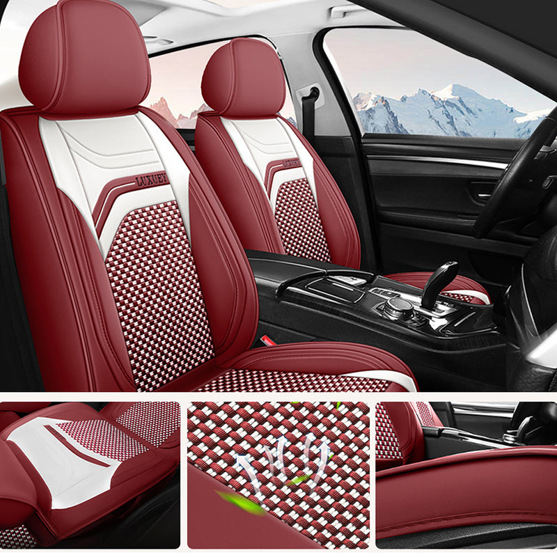 AmanCarport Universal 5-Seat Car Seat Covers – Faux Leather & Ice Silk Full Set, Breathable & Airbag Compatible