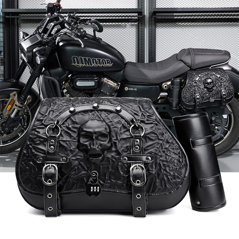 Punk Style 26L Leather Motorcycle Saddlebags with Cup Holder for Harley Softail Dyna Road King Cruiser