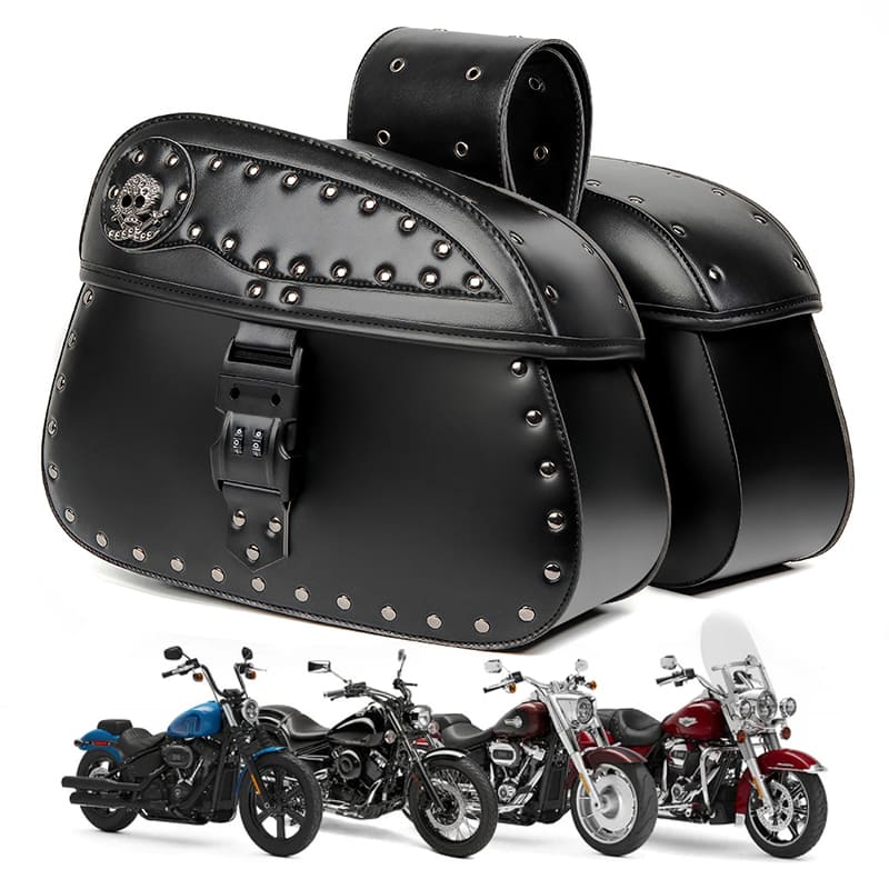 Punk Biker Style 26L Leather Motorcycle Saddlebags with Cup Holder for Harley Softail Dyna Road King Cruiser