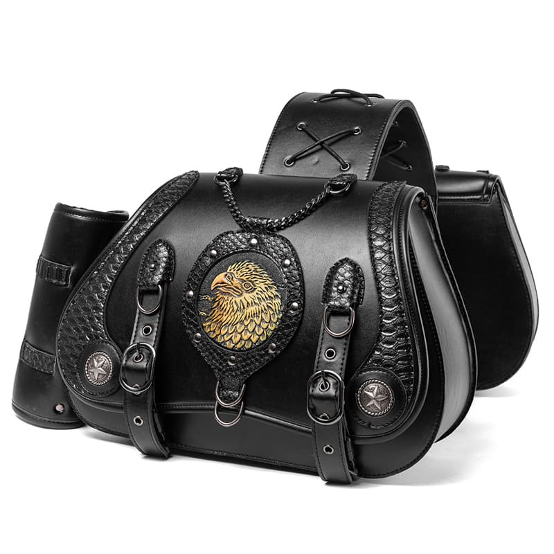 Punk Style Motorcycle Saddlebags 26L Leather with Cup Holder for Harley Softail Dyna Road King Cruiser