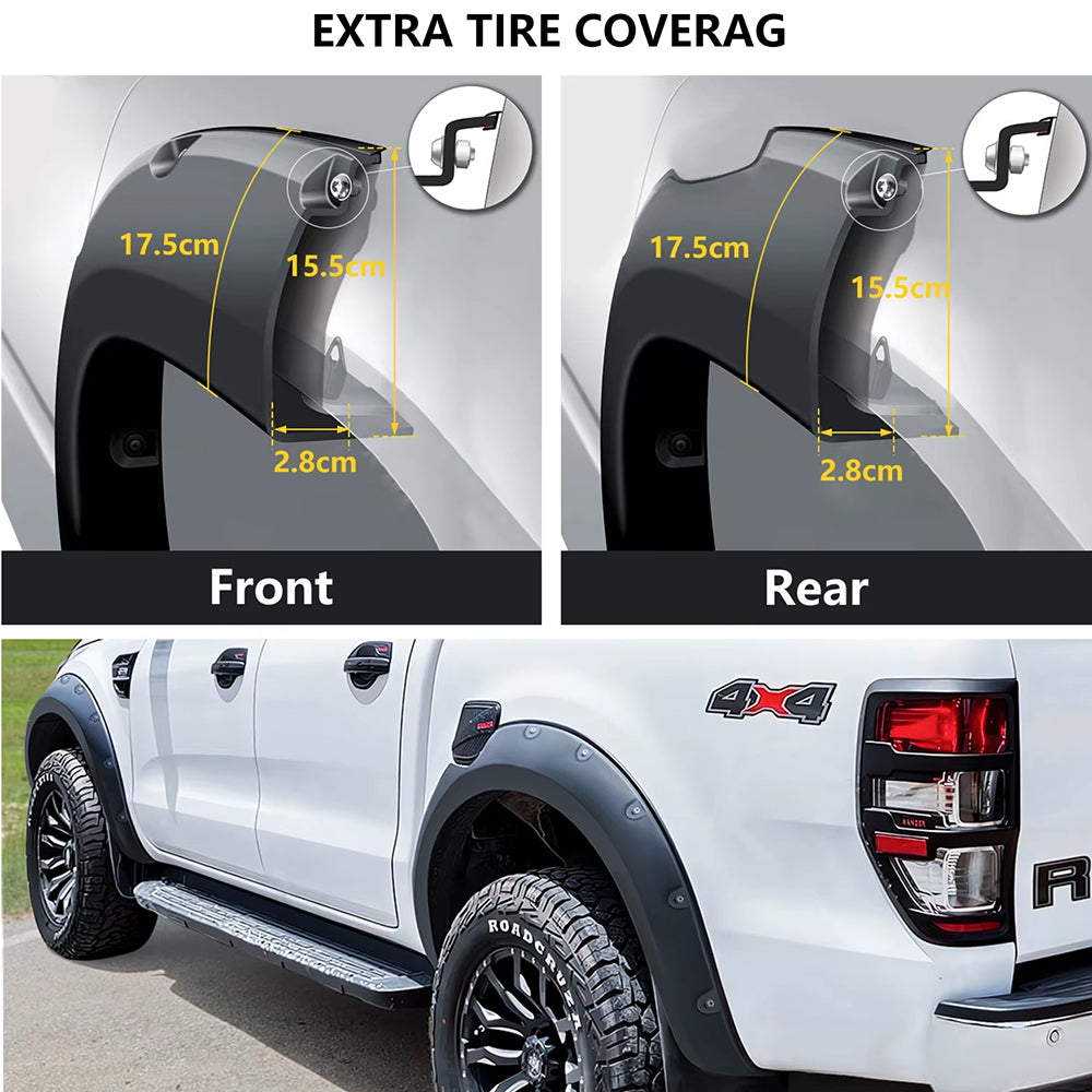 Matte Black LED Fender Flares for 2015–2025 Ford Ranger T7/T8/T9 – Front & Rear Wheel Arch Kit