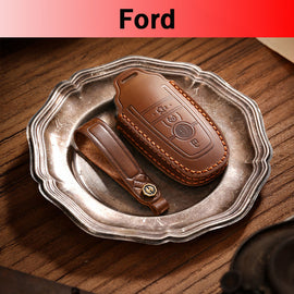 Genuine Leather Key Fob Case Compatible with Ford Focus, Fusion, Explorer, Escape, Edge, Mustang, F-150 to F-550