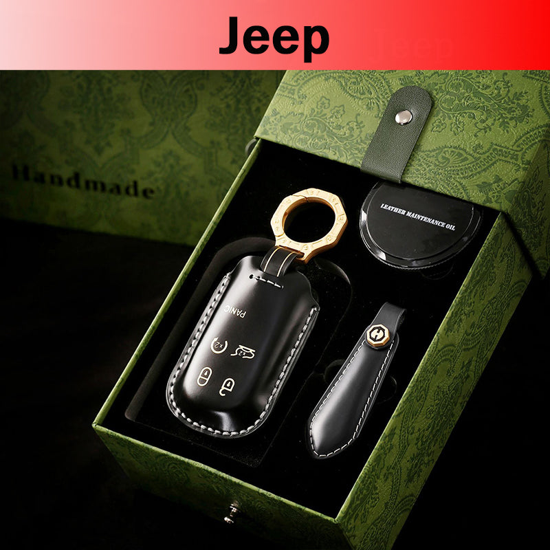 Leather Key Fob Cover, Compatible with Jeep Grand Cherokee, Renegade, Compass, and Chrysler