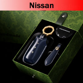 Genuine Cowhide Leather Key Fob Cover with Keychain, Compatible with Nissan Models: Sylphy, Rogue, Pathfinder, X-Trail, Versa, Kicks, Ariya, Qashqai, and Teana