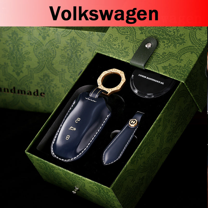 Amancarport Leather Car Key Case with Gift Box, Compatible with VW Tiguan, Touareg, Atlas, Jetta, Passat, Golf Alltrack, Arteon, and Routan
