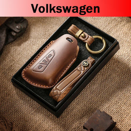 Genuine Leather Key Fob Cover for Volkswagen & Skoda – 3-5 Button Flip Key Pouch with Key Ring & Hook