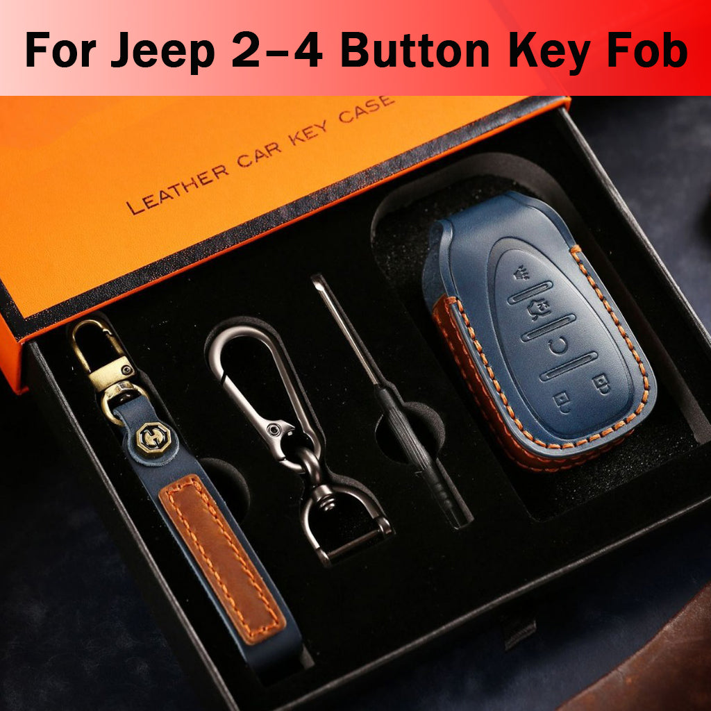 Leather Key Fob Cover for Jeep Wrangler JL 2018–2024 & Gladiator JT – 2 or 4 Button Smart Remote Case, Brown, Fits Sahara Rubicon