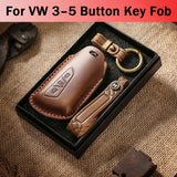 Genuine Leather Key Fob Cover for Volkswagen & Skoda – 3-5 Button Flip Key Pouch with Key Ring & Hook