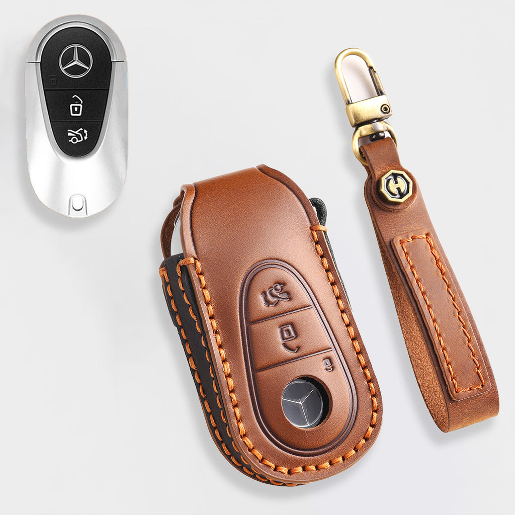 Genuine Leather Key Fob Cover for Mercedes-Benz C-Class, G-Class, E-Class, GLK, R350, GL, and GLC Models