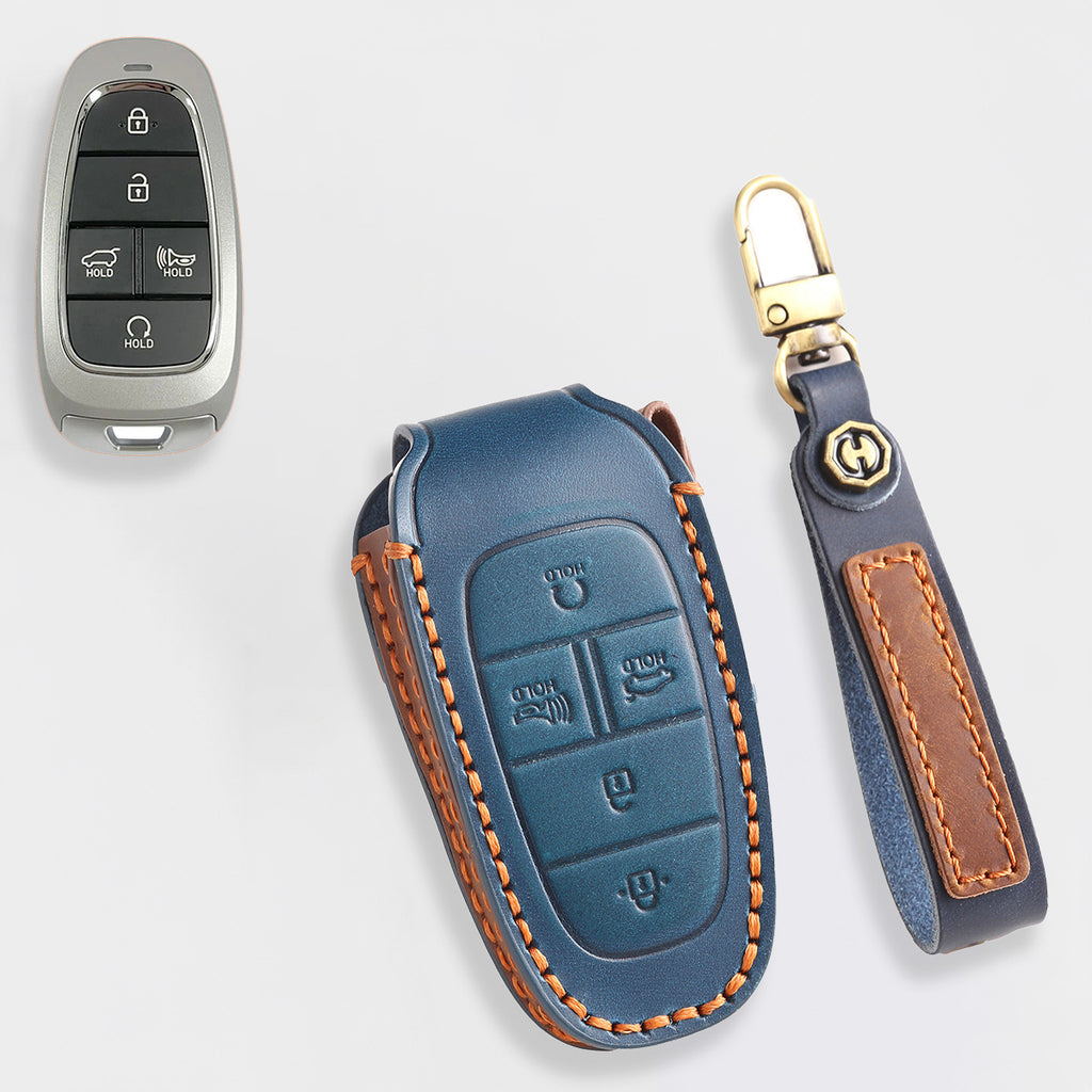 Genuine Leather Key Fob Cover for Hyundai Sonata, Santa Fe, Tucson, Palisade, - 3/4/5/6/7 Button Protective Case