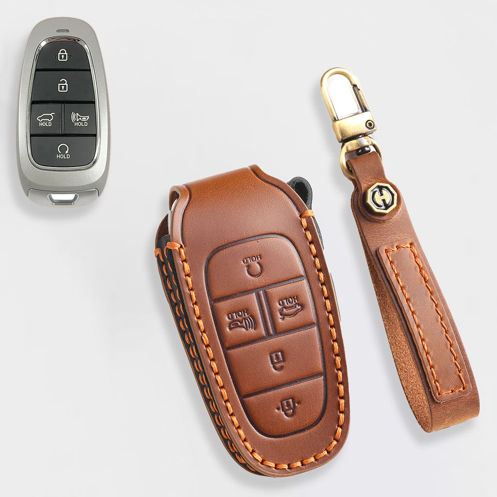 Genuine Leather Key Fob Cover for Hyundai Sonata, Santa Fe, Tucson, Palisade, - 3/4/5/6/7 Button Protective Case