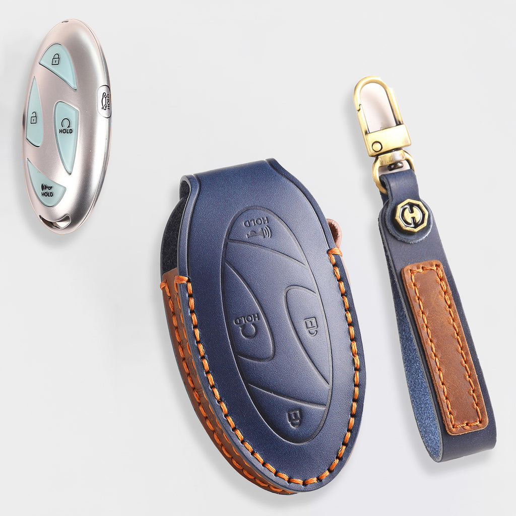 Genuine Leather Key Fob Cover for Hyundai Sonata, Santa Fe, Tucson, Palisade, - 3/4/5/6/7 Button Protective Case