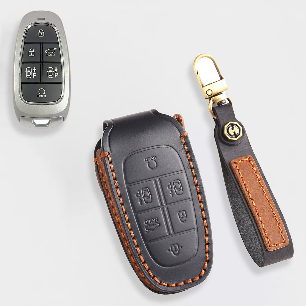 Genuine Leather Key Fob Cover for Hyundai Sonata, Santa Fe, Tucson, Palisade, - 3/4/5/6/7 Button Protective Case