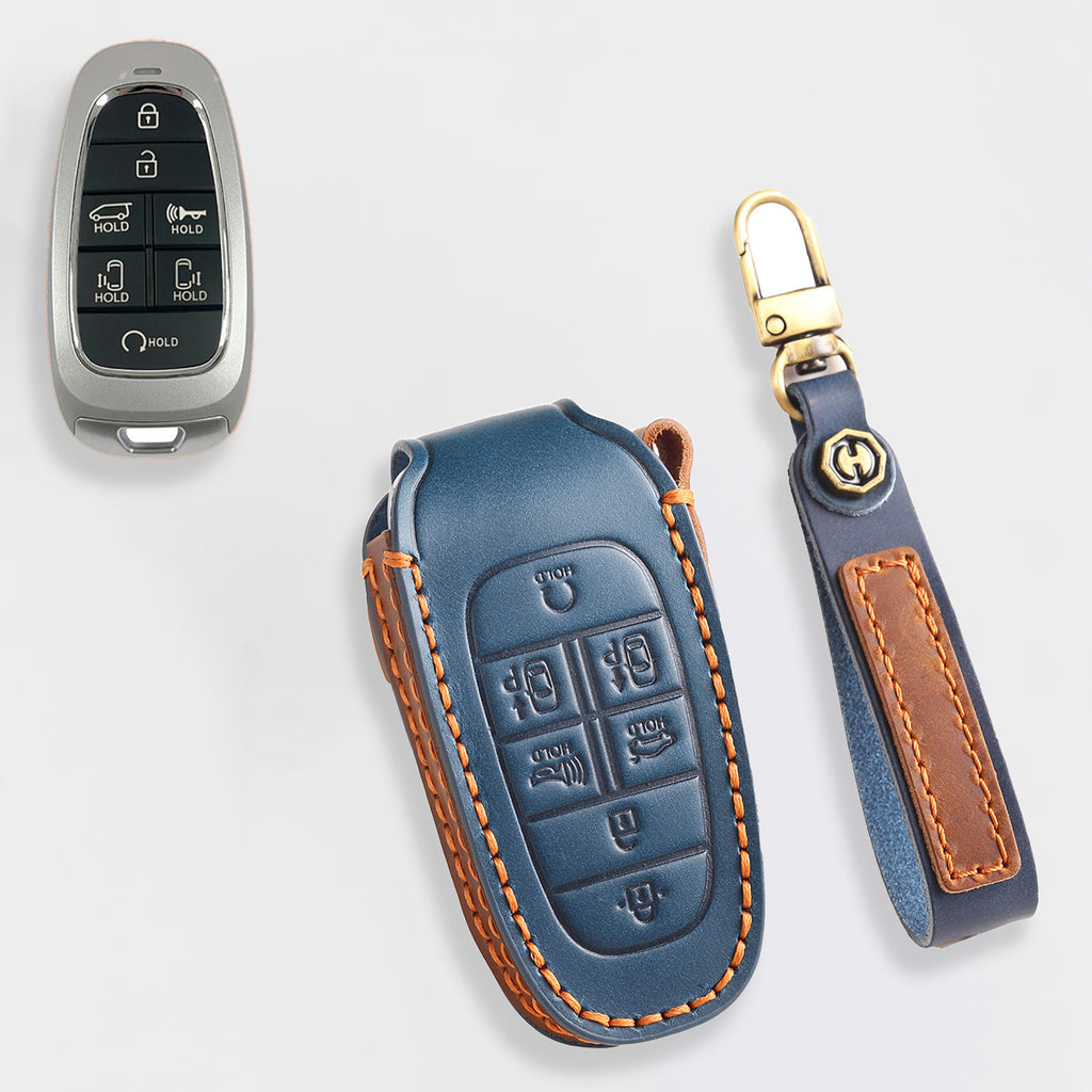 Genuine Leather Key Fob Cover for Hyundai Sonata, Santa Fe, Tucson, Palisade, - 3/4/5/6/7 Button Protective Case