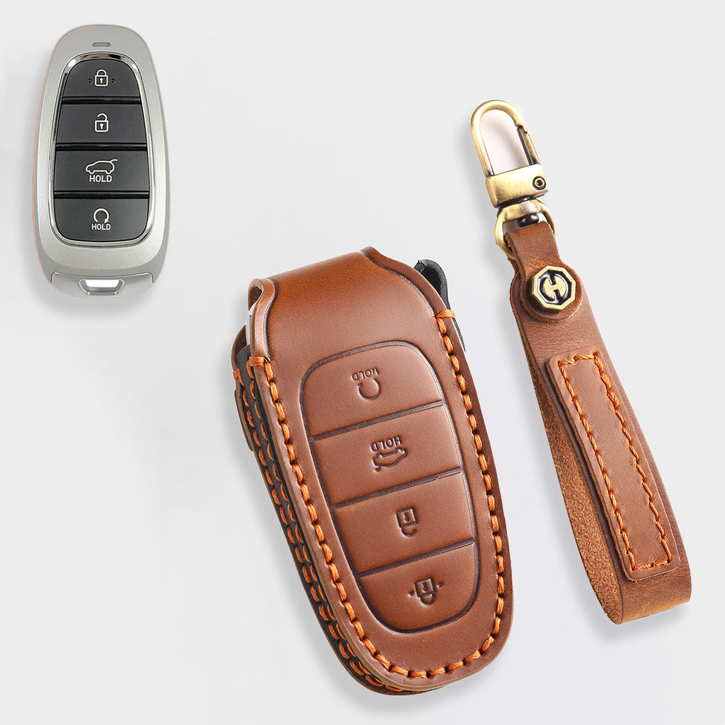 Genuine Leather Key Fob Cover for Hyundai Sonata, Santa Fe, Tucson, Palisade, - 3/4/5/6/7 Button Protective Case